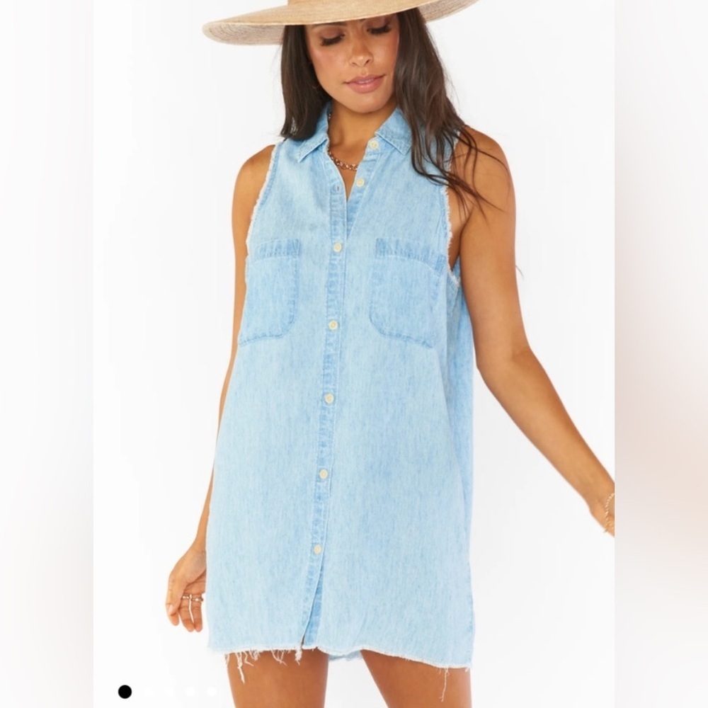 Show Me Your Mumu Vicki Mini denim Sleeveless Shirt Dress Small - Picture 3 of 10